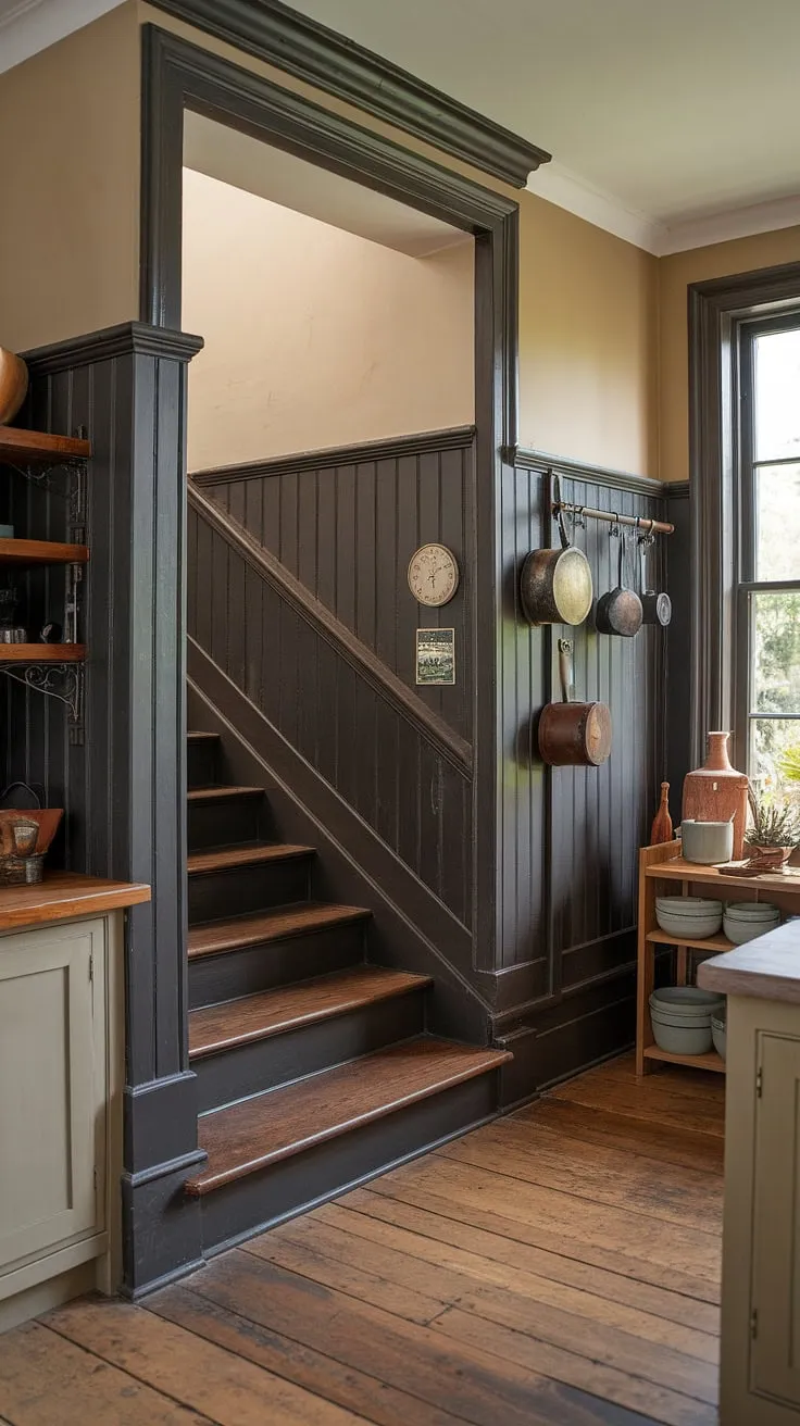 The rich, dark wood wainscoting, extending from floor to ceiling, creates a dramatic backdrop in this rustic kitchen. A sense of warmth and history permeates the space, enhanced by the aged wood floors and the charming details like the hanging pots and antique clock. This is a kitchen where memories are made.