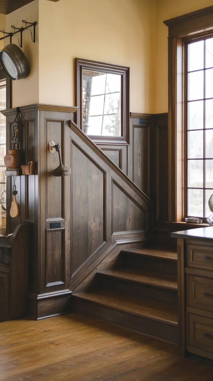 The rich, dark wood wainscoting creates a captivating focal point in this rustic kitchen, its warmth amplified by the hardwood floors and the inviting glow from the large window. The unique picture frame detail near the stairs adds an element of charming artistry, perfectly complementing the thoughtfully chosen hanging pieces. A true testament to timeless design.
