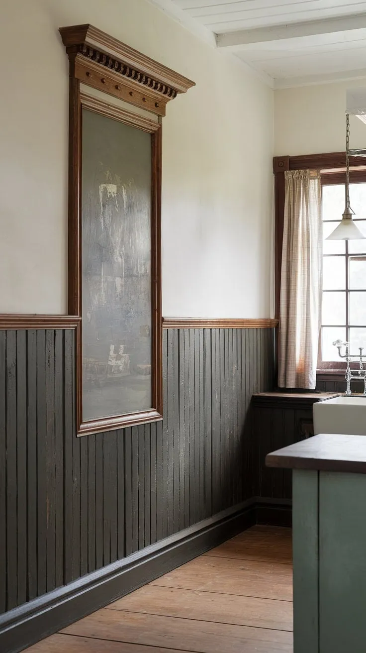 This kitchen's design is a masterclass in contrasting textures. The deep-toned wainscoting provides a grounding element, while the crisp white walls and light-filled window create an airy feel. A truly stunning space where rustic charm meets contemporary living.