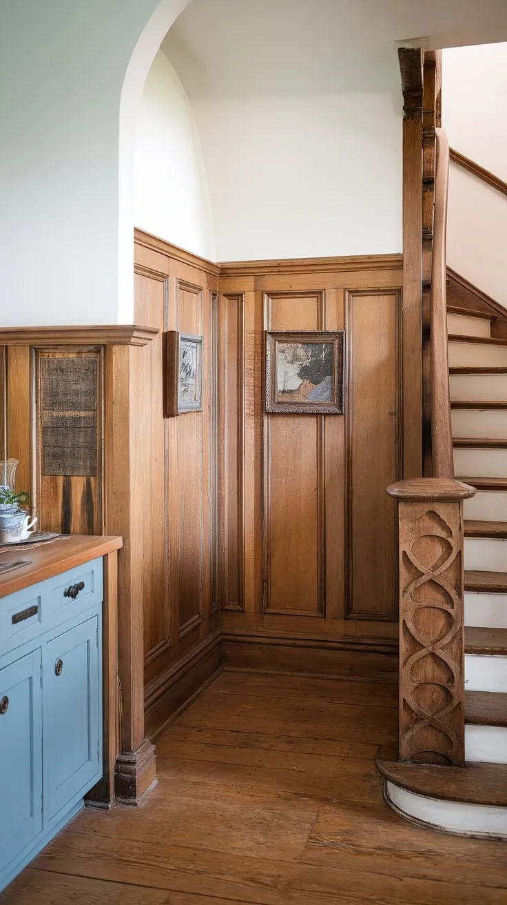 Rustic charm meets modern elegance in this kitchen, where rich wood wainscoting, extending from floor to ceiling, creates a warm and inviting atmosphere. The detailed picture frame design on the staircase wainscoting adds a touch of artistry, perfectly complementing the white-painted upper walls and wide-plank wooden floors. A testament to timeless design.