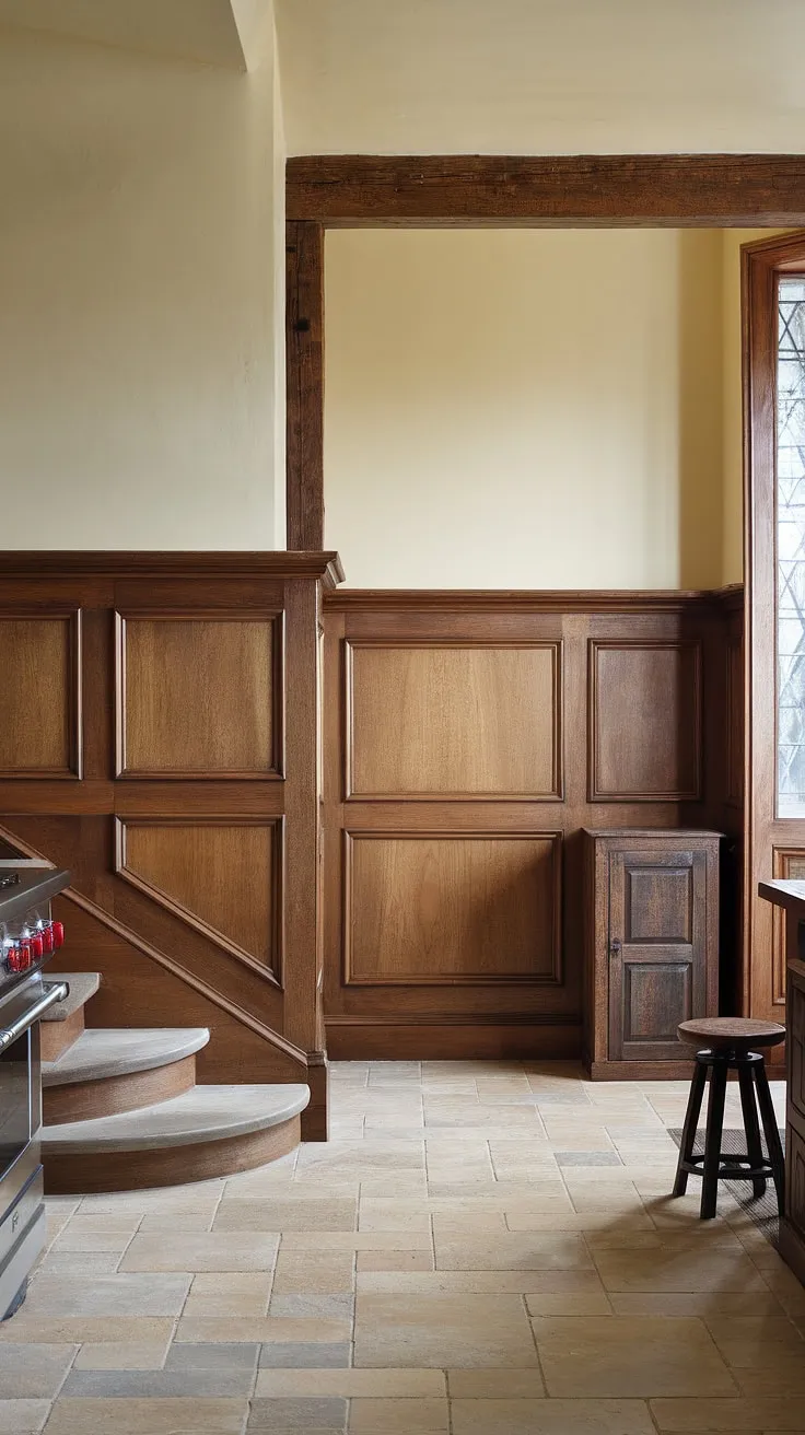 The warmth of the wood wainscoting, accented by the dark brown frames, is beautifully balanced by the soft beige walls in this rustic kitchen. A testament to thoughtful design, the space feels both cozy and spacious, a true haven for culinary adventures.