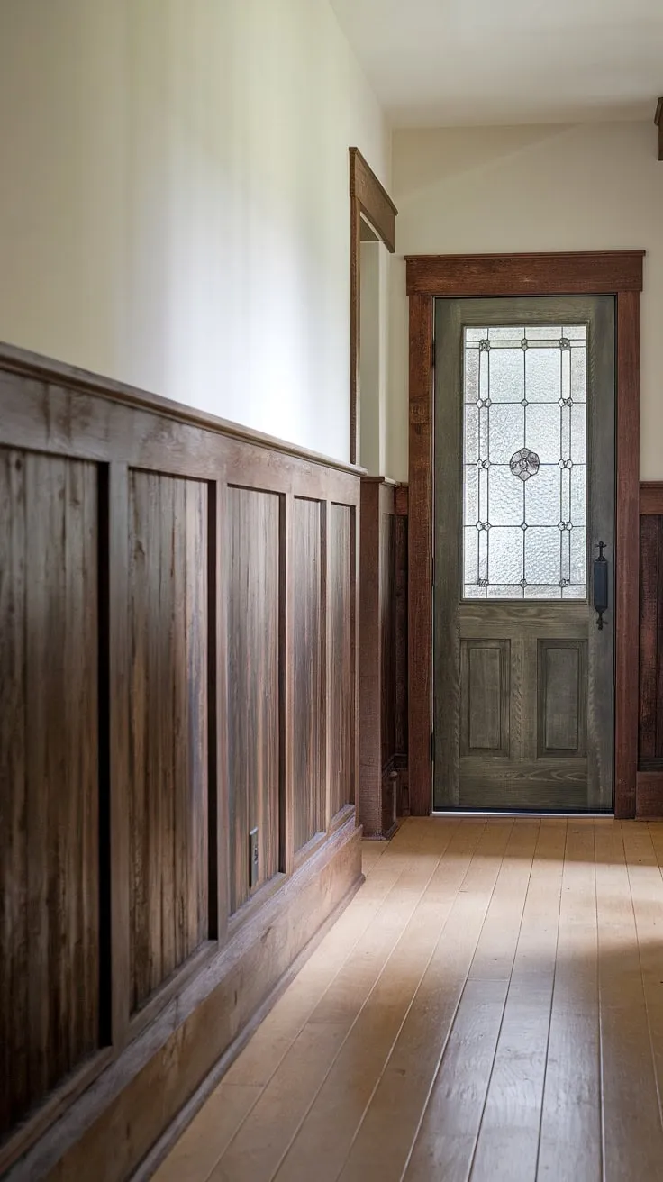 A beautifully restored hallway showcases the rich detail of the dark wood wainscoting. The craftsmanship is evident in every groove and panel, creating a striking visual contrast against the bright white walls. A glimpse of the craftsman door ahead promises further architectural delights.