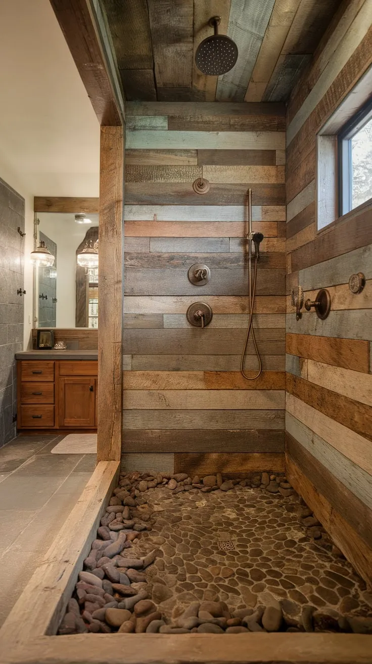 Indulge in the ultimate shower experience. A breathtaking blend of rustic charm and modern luxury, this expansive shower boasts a river rock floor, a stunning reclaimed wood wall, and multiple showerheads for a truly personalized cleanse. The open concept design connects the shower to the rest of the bathroom, creating a harmonious and inviting space.