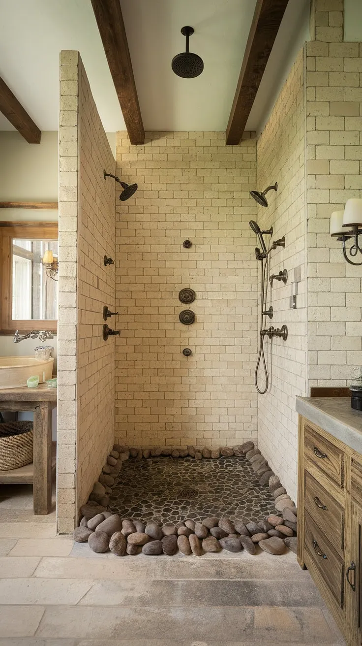 Step into serenity. This rustic walk-in shower, complete with a river rock floor, multiple shower heads, and exposed beam ceiling, offers a truly luxurious and rejuvenating experience. The vintage sink and wooden cabinet add a touch of charming imperfection, creating a spa-like sanctuary where you can escape the everyday. A perfect blend of rugged and refined.