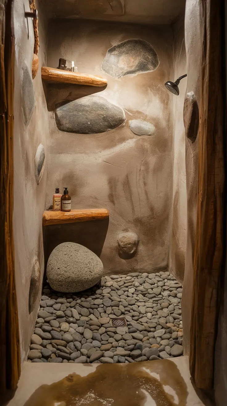 Step into serenity. The cool, smooth river rocks underfoot, the gentle trickle of water, and the rustic stone walls create a sanctuary for the soul. A perfect blend of nature and comfort, this shower is a daily escape. A true haven. A testament to simple elegance.