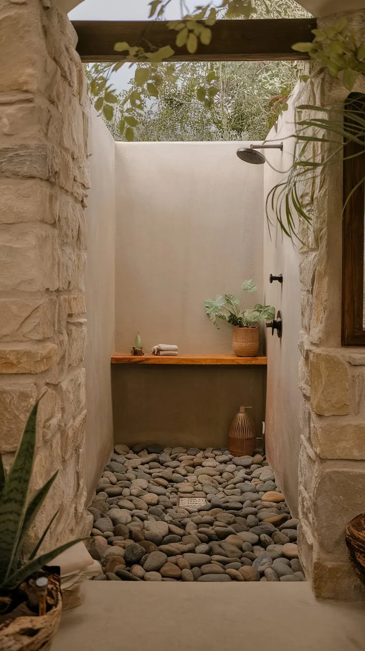 Step into serenity. This rustic walk-in shower, with its river rock floor and soothing stone walls, offers a sanctuary for the soul. The simple wooden shelf adds a touch of warmth, perfectly complementing the natural light streaming in from the window. A true escape.