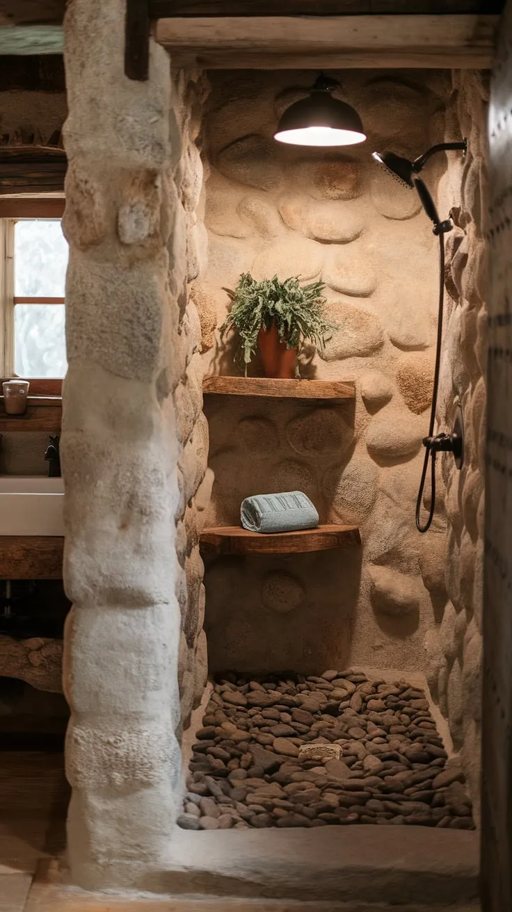 Step into serenity. This rustic walk-in shower, with its river rock floor and natural stone walls, offers a sanctuary for the soul. The gentle glow of the hanging lamp and the simple addition of a potted plant and towels create a spa-like atmosphere, perfectly blending a nature and comfort.