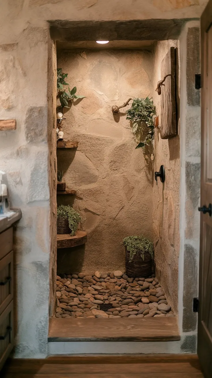 Step into serenity. This rustic walk-in shower, with its river rock floor and rough-hewn stone walls, offers a spa-like experience, seamlessly blending nature and modern comfort. The open design and natural elements create a tranquil oasis, perfect for unwinding after a long day. A touch of greenery and a simple wooden shelf add to the inviting ambiance.