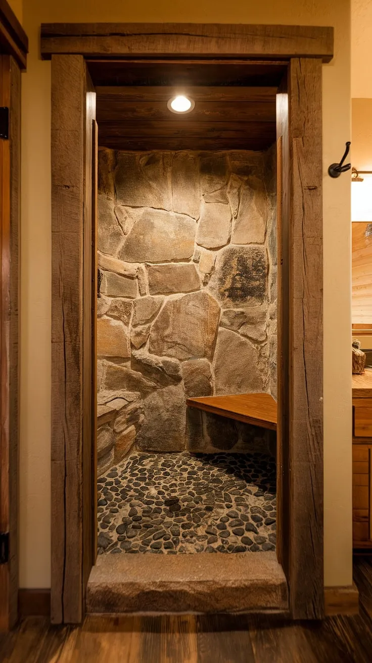 Indulge in the simple pleasures. A rustic stone shower, complete with a river rock floor and a charming wooden bench, creates a spa-like experience right in your home. The open design and warm lighting enhance the feeling of tranquility. A perfect escape.