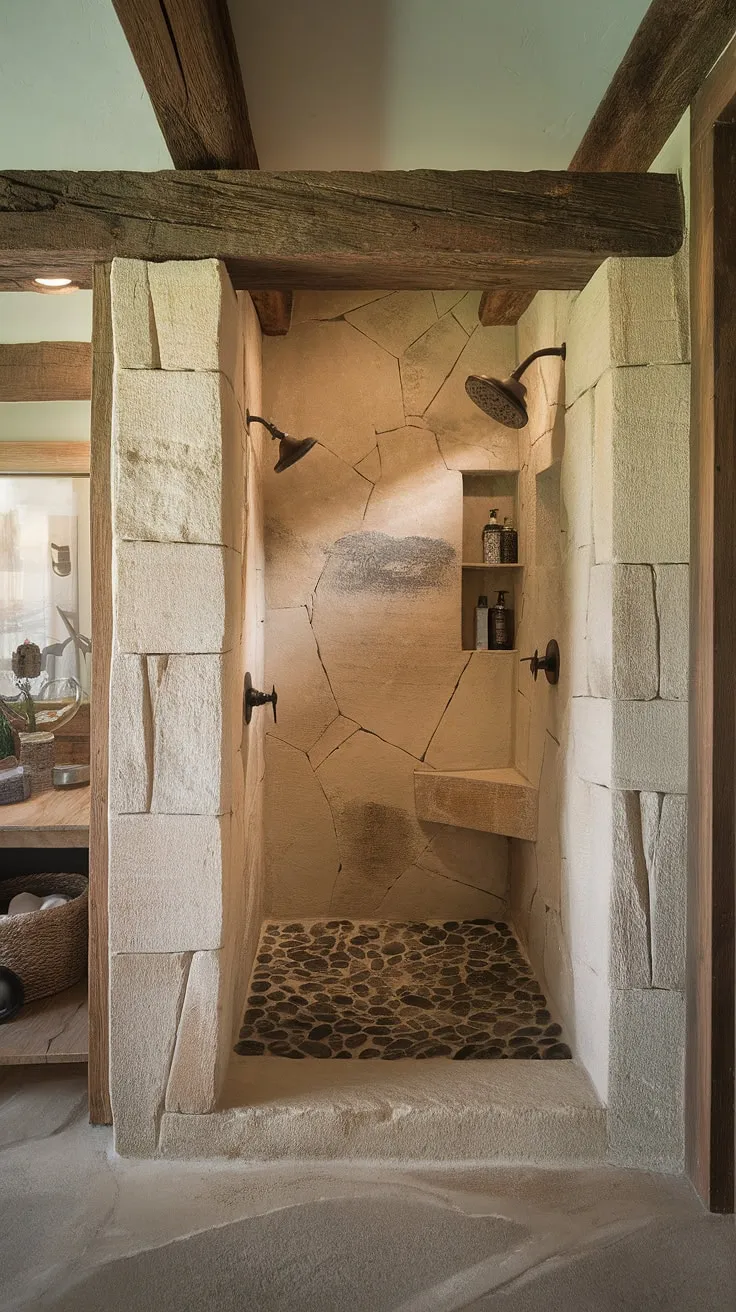 Step into serenity. This rustic walk-in shower, with its river rock floor and aged stone walls, offers a sanctuary of natural beauty. The exposed wood beam adds a touch of rustic charm, creating a spa-like experience in the heart of your home. A perfect blend of rugged texture and tranquil escape.