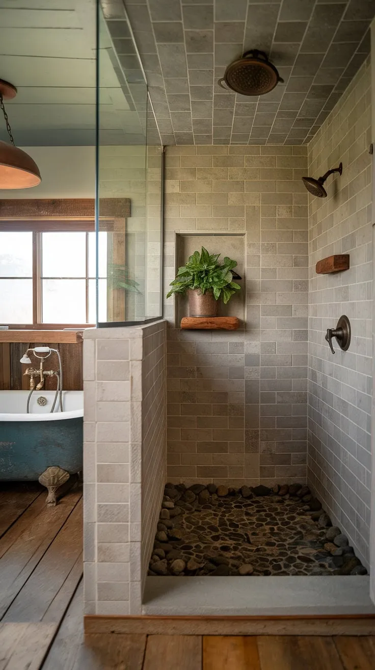 Step into serenity. This rustic walk-in shower, with its river rock floor and tiled ceiling, offers a spa-like escape. The vintage bathtub and wooden shelf, adorned with a potted plant, add to the charming ambiance, creating a bathroom sanctuary where you can truly unwind and reconnect with nature. A perfect blend of rustic charm and modern comfort.