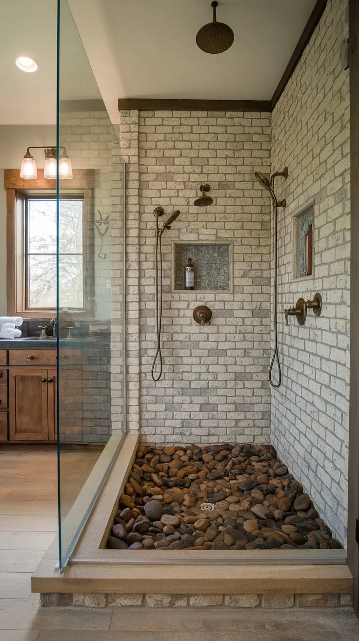 Indulge in the ultimate showering experience. A walk-in shower, devoid of doors, boasts a breathtaking design: exposed brick walls, a river rock floor, and multiple showerheads for a truly invigorating cleanse. The adjoining bathroom, complete with a wooden vanity and a window offering natural light, completes this A-list spa-like retreat.