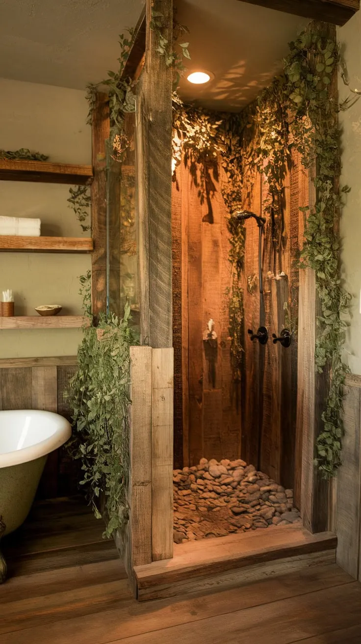 Step into serenity. This rustic bathroom's walk-in shower, crafted from reclaimed wood and featuring a river rock floor, is a sanctuary of natural beauty. The lush greenery walls and vintage tub complete the tranquil escape. A perfect blend of rustic charm and modern comfort.