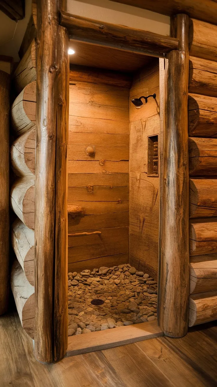Step into serenity. This rustic walk-in shower, crafted from rough-hewn logs and featuring a river rock floor, offers a truly unique and rejuvenating experience. The stacked logs add a touch of natural artistry, creating a spa-like atmosphere perfect for unwinding after a long day. A sanctuary awaits.