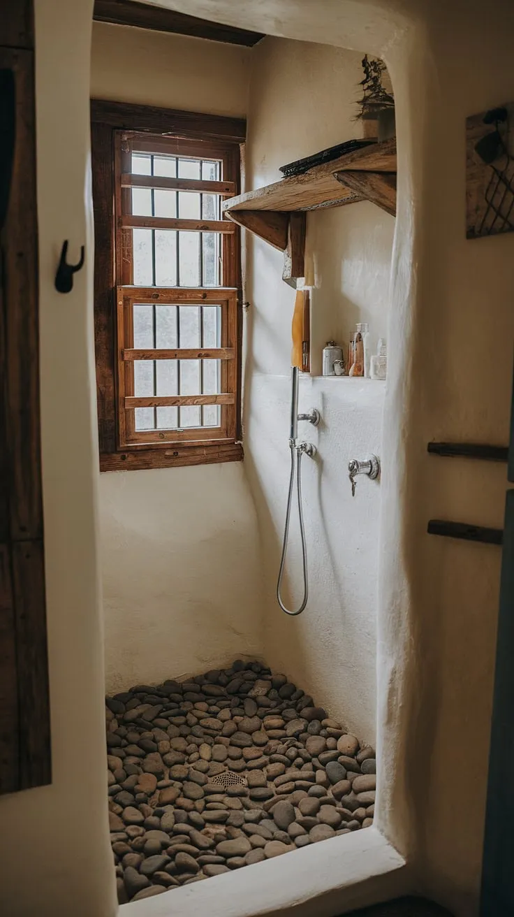 Step into serenity. This rustic walk-in shower, with its river rock floor and vintage charm, offers a tranquil escape. The natural light streaming through the barred window adds to the cozy ambiance, creating a spa-like experience in the heart of your home. A perfect blend of rugged and refined.