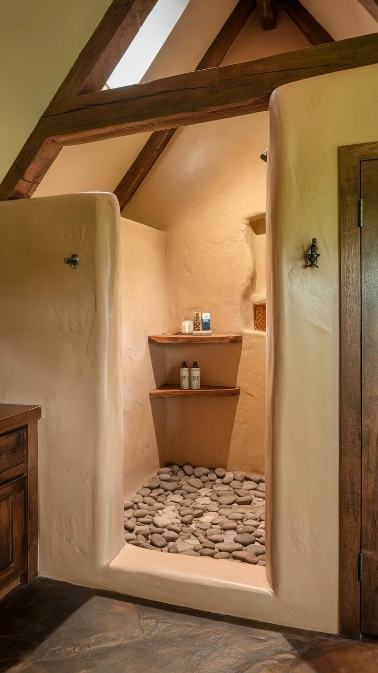Indulge in the simple luxury of this open-concept walk-in shower. The soothing river rock floor, textured walls, and natural light from the skylight create a truly restorative space. The exposed wooden beams and vaulted ceiling add rustic charm, while the convenient in-shower shelf completes this tranquil retreat.