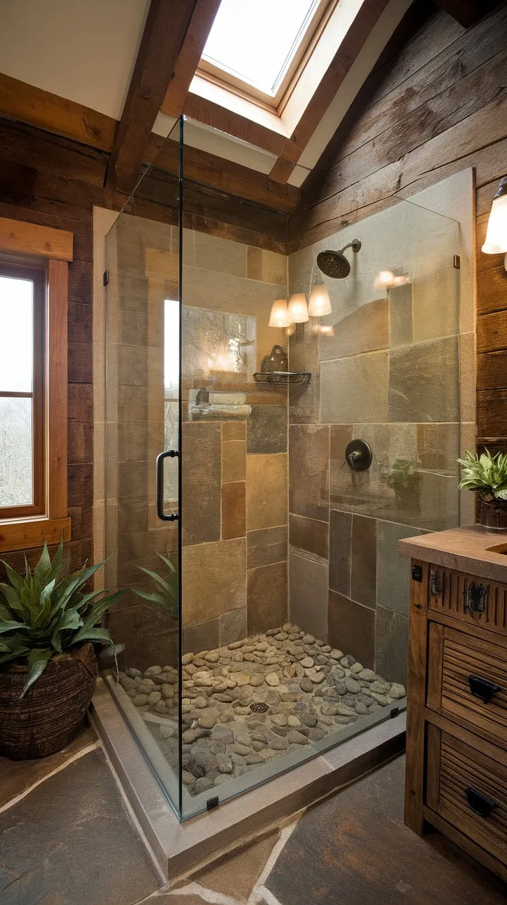 Step into serenity. This rustic walk-in shower, complete with a frameless glass enclosure and soothing river rock flooring, offers a spa-like experience enhanced by the natural light streaming in from the skylight. The rich wood accents and stone floor create a harmonious blend of textures and warmth. A perfect retreat for the soul.