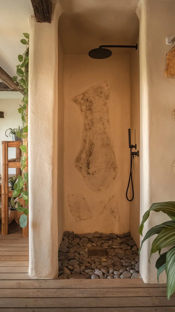 Step into serenity. This rustic walk-in shower, crafted from rough-hewn stone and featuring a soothing rainfall showerhead, offers a sanctuary for the soul. The river rock flooring adds a natural texture underfoot, while the warm lighting and surrounding greenery create a spa-like atmosphere. A perfect blend of nature and comfort.