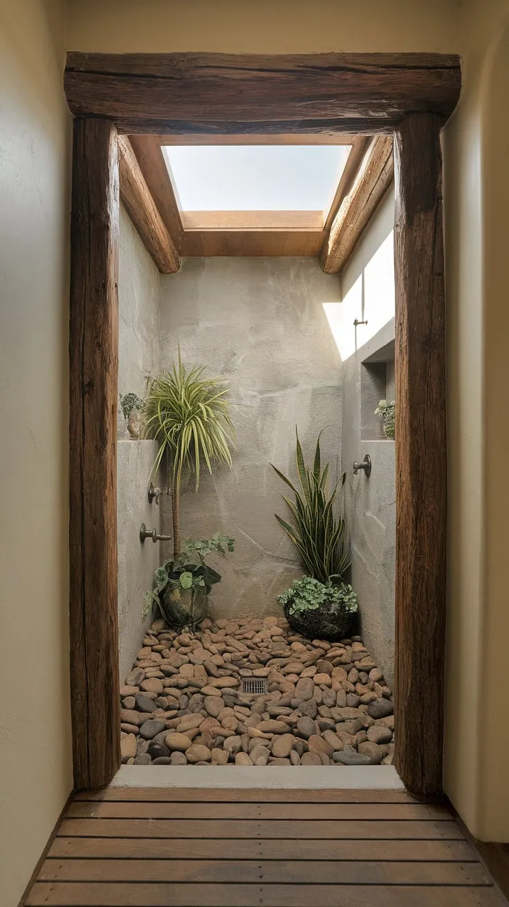 Imagine starting your day in this haven. A rustic walk-in shower, featuring a river rock floor and a stunning skylight, invites you to reconnect with nature. The stone walls, wooden beams, and lush greenery create a calming atmosphere, making every shower a moment of peaceful escape. A perfect blend of rustic charm and modern luxury.