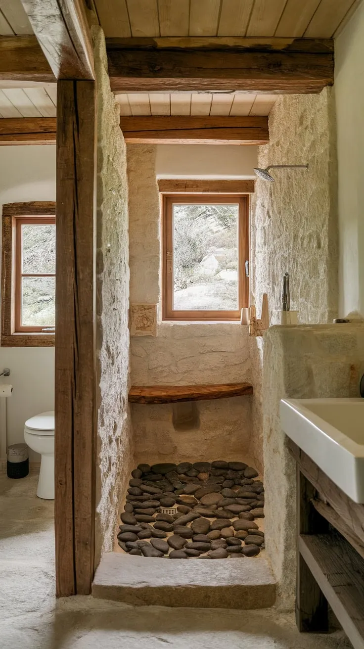 Indulge in the tranquility of this open-plan bathroom. A stunning walk-in shower, featuring a river rock floor and natural stone walls, seamlessly blends with the wooden beams and stone flooring. The large window offers a picturesque view, enhancing the feeling of peaceful escape. A perfect blend of rustic charm and modern comfort.