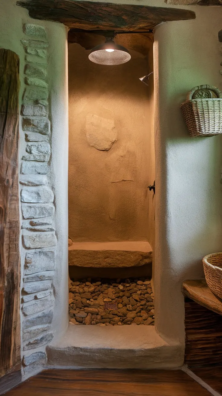 Imagine yourself here: the soothing sound of water cascading over river rock, the warmth of the light above, and the rustic charm of the stone walls surrounding you. This open shower is more than just a bathroom fixture; it's a sanctuary. A place to escape and reconnect with nature's tranquility.