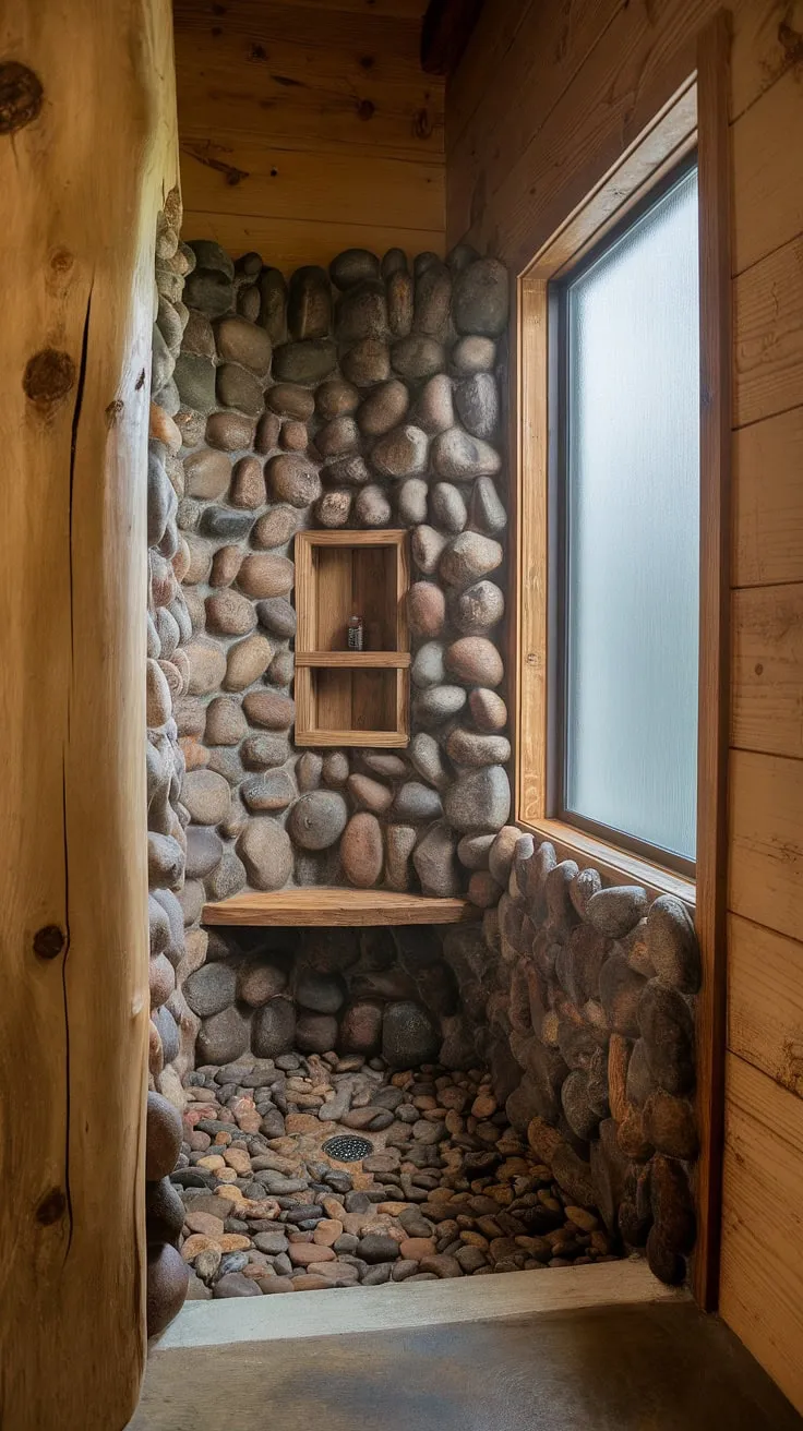 Find your peace in this exquisitely rustic bathroom. The walk-in river rock shower, open to the soft light filtering through the frosted glass window, is a testament to natural elegance. The aged wood walls and concrete floor create a harmonious blend of textures, while the small wooden shelf provides a practical and aesthetically pleasing touch. A true escape.