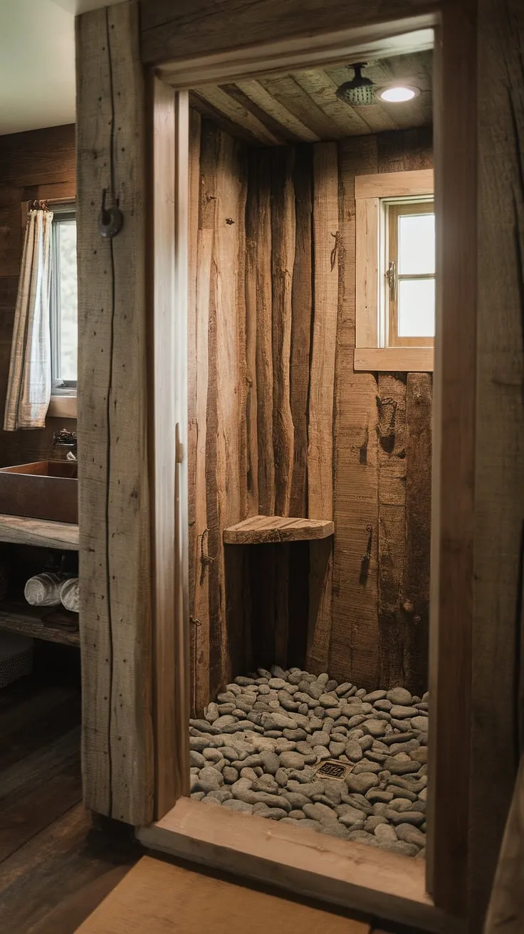 Step into serenity. This rustic walk-in shower, with its river rock floor and open design, offers a truly unique bathing experience. The aged wood walls and simple wooden shelf add to the charming, almost primitive feel, a perfect blend of nature and comfort. A tranquil escape awaits.