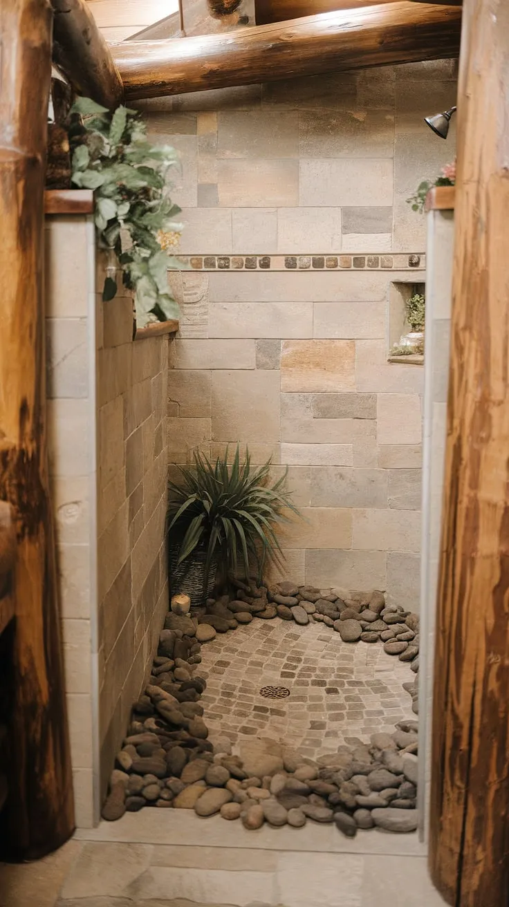 Indulge in the simple pleasures. A rustic shower, crafted with river rock flooring and warm beige tiles, invites you to unwind. The subtle slope guides water effortlessly to the drain, while the nearby greenery adds a touch of nature's tranquility. A tranquil escape awaits.