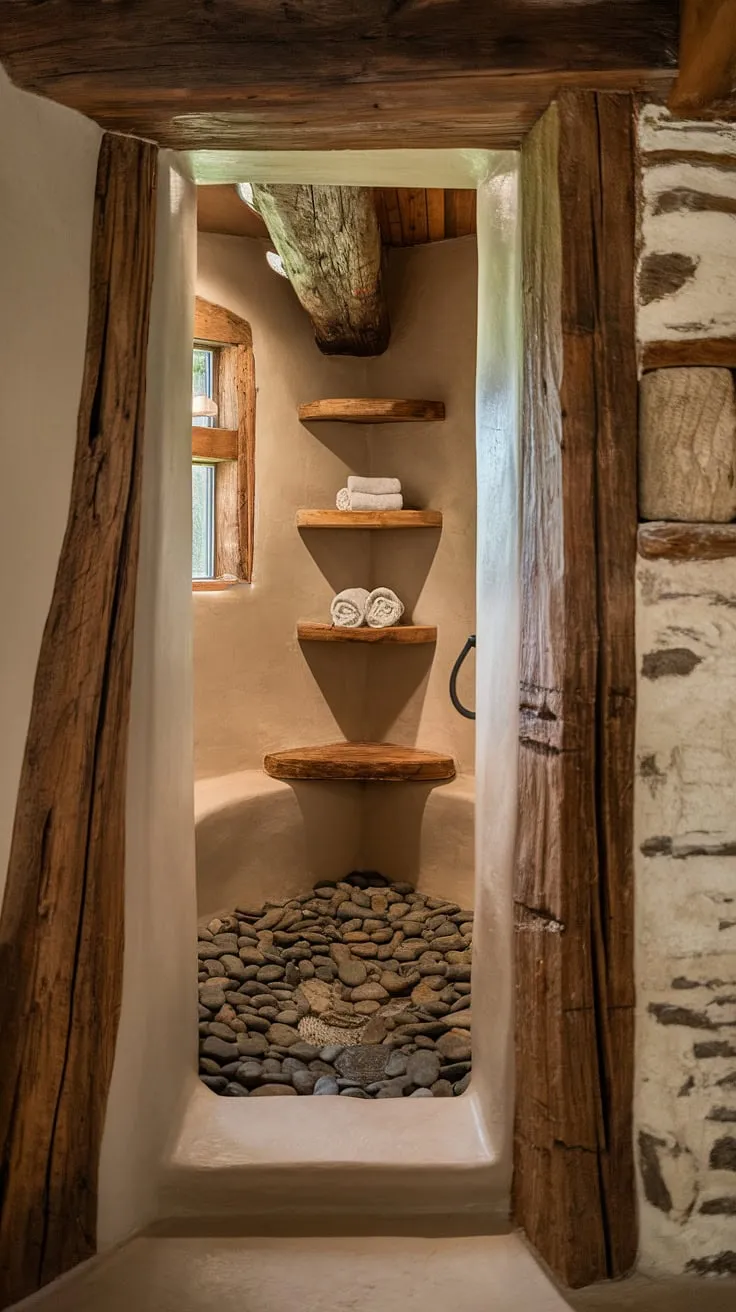 Step into serenity. This rustic walk-in shower, featuring a river rock floor and low threshold, seamlessly blends with the exposed wooden beams and stone walls, creating a spa-like sanctuary. A simple wooden shelf adds a touch of rustic charm and practical storage.