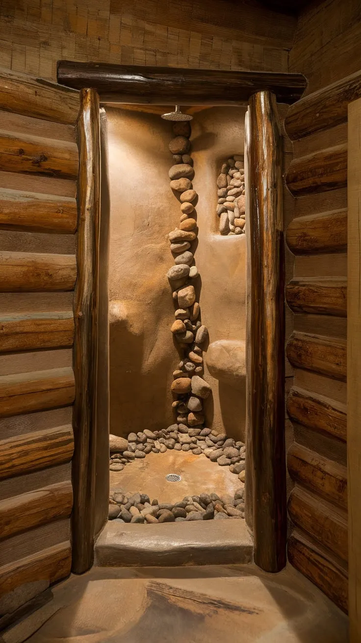 A haven of natural beauty. This open-concept shower, featuring a river rock floor and charming wood accents, seamlessly blends indoor comfort with outdoor tranquility. The carefully chosen materials and design create a space that feels both luxurious and utterly relaxing. A true escape.