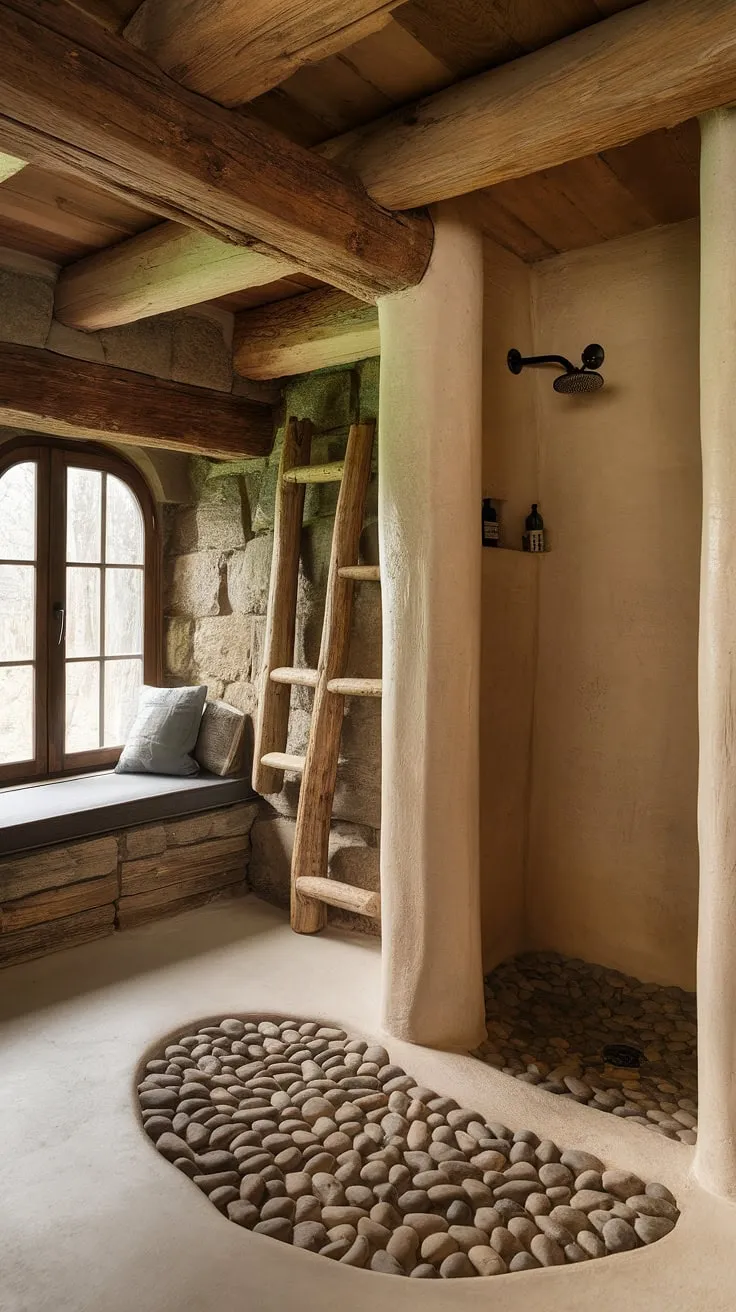 Step into serenity. This rustic walk-in shower, with its river rock floor and open design, invites you to unwind amidst the natural beauty of stone walls and a wood-beam ceiling. The large window, complete with a window seat and a charming wooden ladder, adds a touch of whimsical elegance to this tranquil retreat. A spa-like experience awaits.
