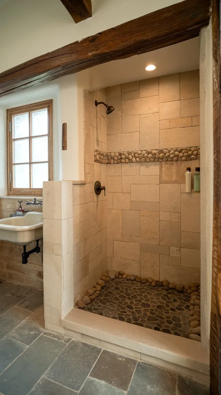 Step into serenity. This rustic walk-in shower, featuring a soothing river rock floor and a charming wooden beam, offers a tranquil escape in a bathroom brimming with vintage charm. The beige tiles and grey floor create a harmonious blend of textures and tones. A perfect blend of rustic and refined.