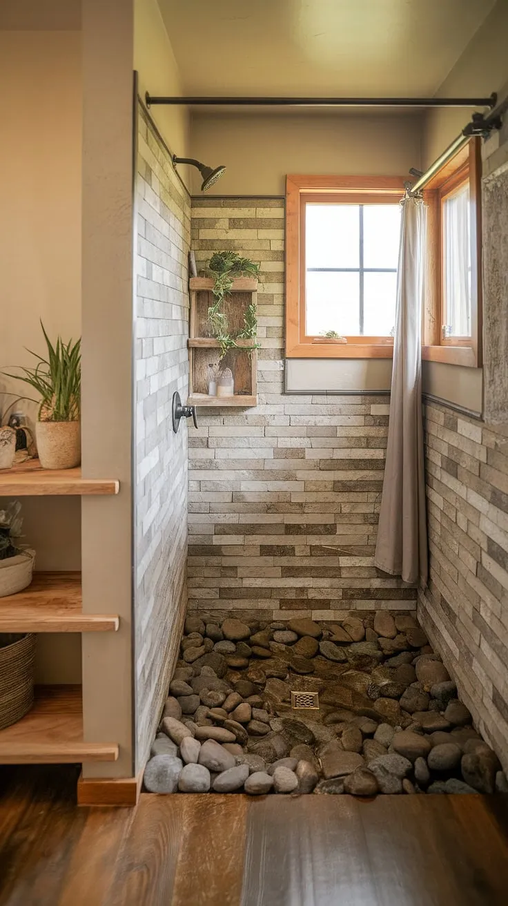 Step into serenity. This rustic walk-in shower, with its river rock floor and open design, invites you to unwind amidst the soothing textures and warm light. The natural stone complements the aged brick walls, creating a spa-like sanctuary where you can escape the everyday. A perfect blend of rustic charm and modern comfort.