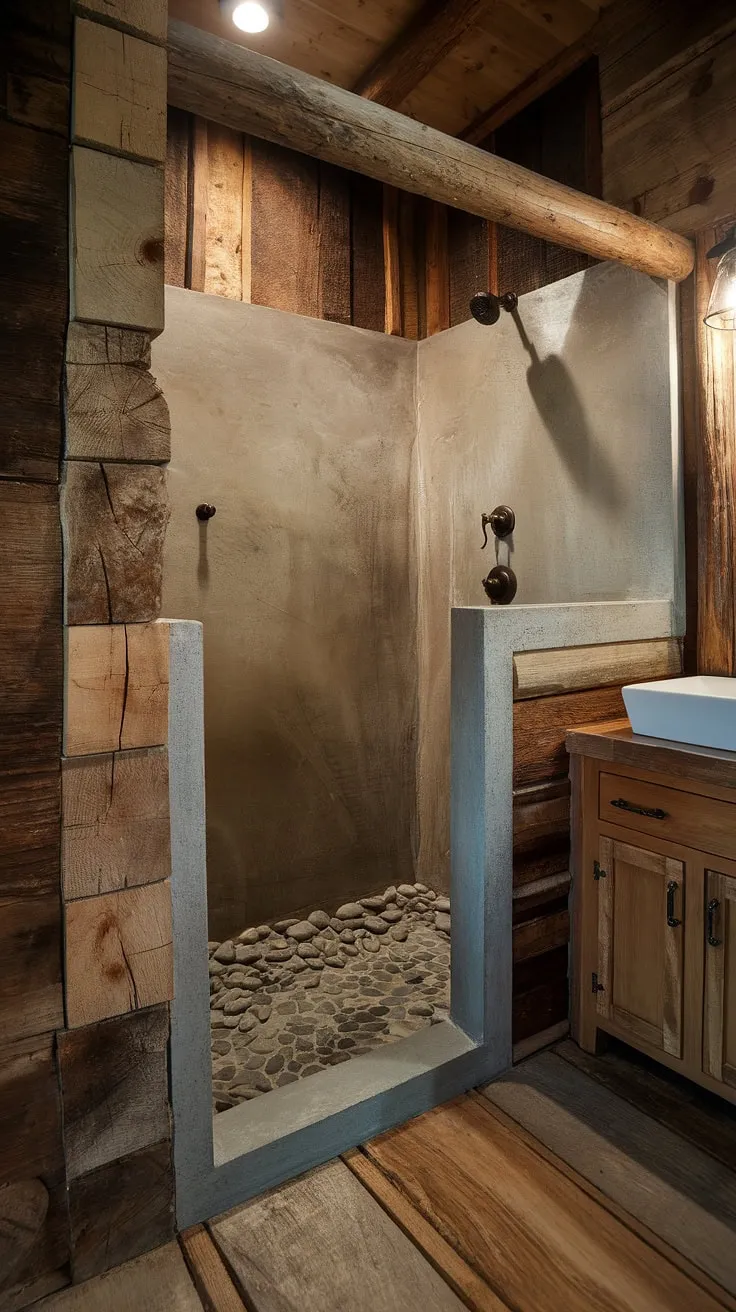 Indulge in the simple luxury of this rustic retreat. The handcrafted details, from the reclaimed wood beams to the a calming concrete shower with its river rock floor, speak to a life well-lived. Every element, from the lighting to the white sink, contributes to a space that is both beautiful and functional.