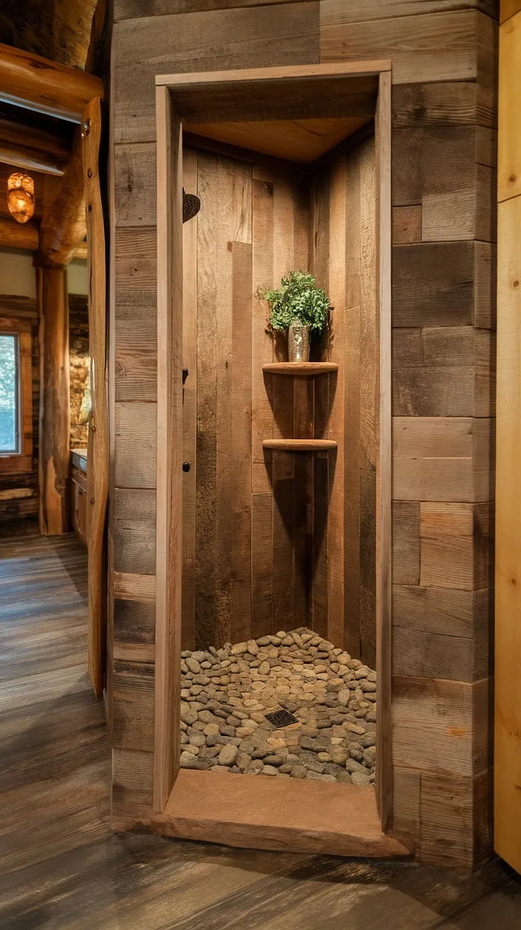 Find your sanctuary in this open-concept bathroom. The inviting walk-in shower, featuring a river rock floor and a charming wooden shelf holding a vibrant plant, seamlessly blends with the natural wood flooring and walls. A true escape awaits.