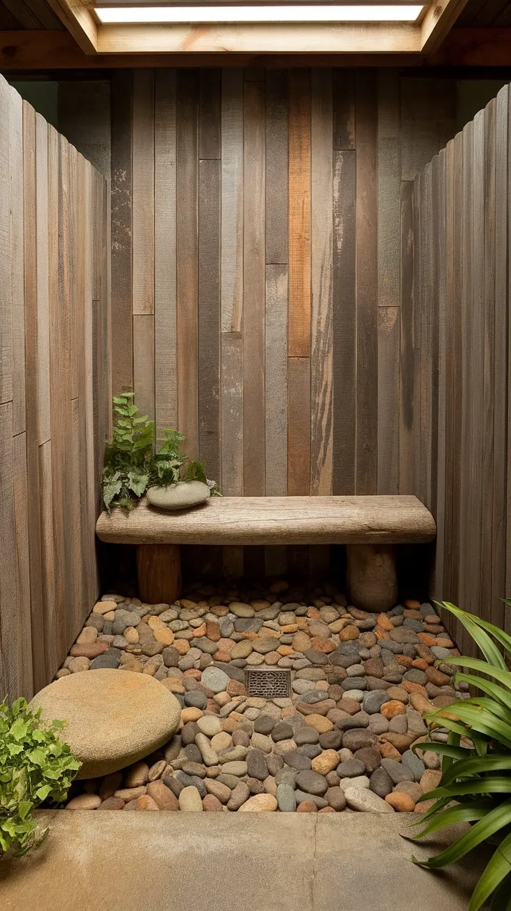 Step into a world of natural serenity. This rustic shower, with its river rock floor, strategically placed stones, and wooden walls, offers a unique and calming escape. A long wooden bench provides a place to relax, while potted plants add a touch of life to the space. A perfect blend of nature and comfort.