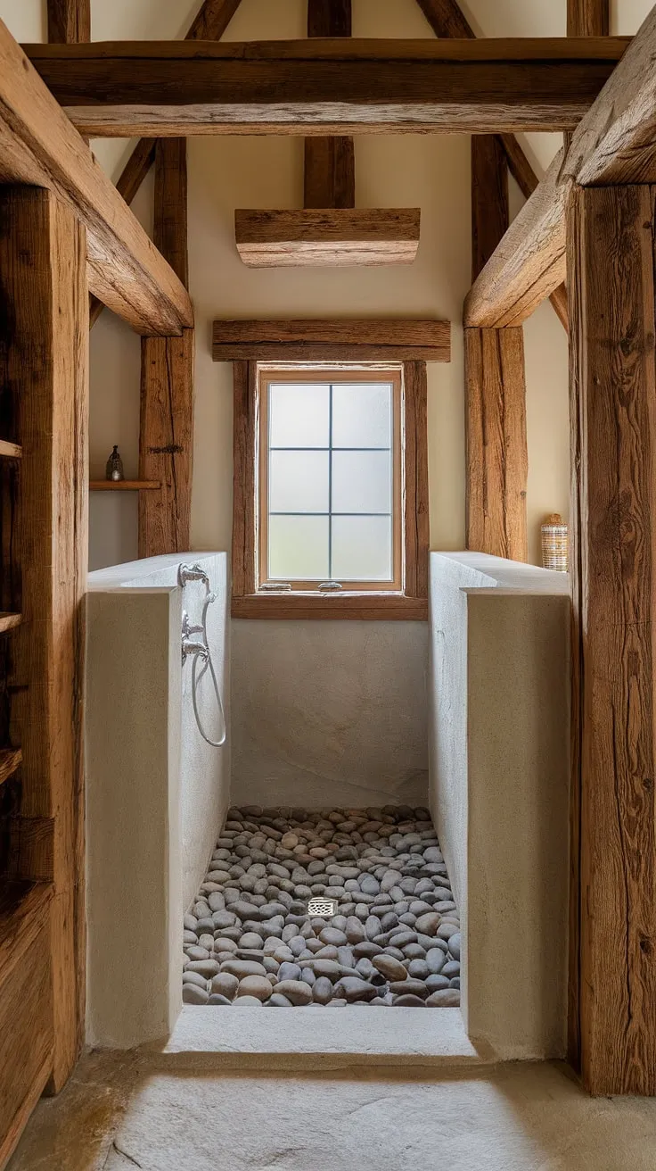 Escape to your own private oasis. This spacious walk-in shower, featuring a stunning river rock floor and a design that seamlessly blends with the rustic charm of the bathroom, is more than just a shower; it's an experience. The natural light filtering through the frosted glass window adds to the sense of calm and rejuvenation. A perfect retreat.