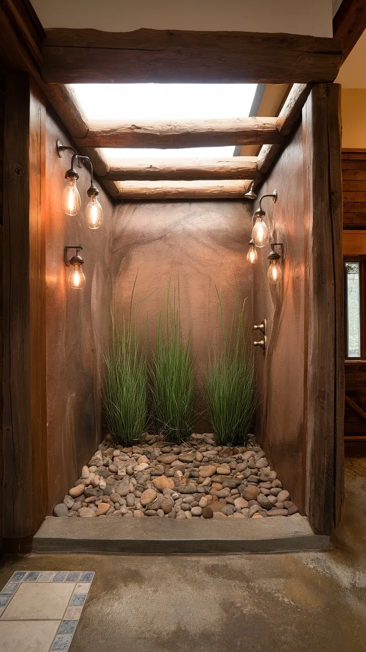 Step into serenity. This rustic walk-in shower, with its river rock floor and thriving greenery, offers a truly unique and rejuvenating experience. The natural wood and exposed beams create a spa-like atmosphere, transforming your daily routine into a moment of mindful escape. A perfect blend of nature and comfort.