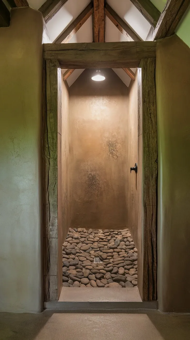 Escape the everyday in this exquisitely crafted shower. The raw, natural materials-from the river rock floor to the rough-hewn beams-create a haven of rustic charm. A single pendant light casts a warm glow, illuminating the textured walls and vaulted ceiling. The thoughtful design, including the subtly sloped concrete floor, ensures both beauty and functionality.