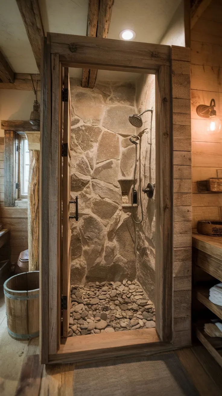 Step into serenity. This rustic walk-in shower, with its river rock floor and natural stone walls, offers a truly unique and rejuvenating experience. The exposed wooden beams and vintage bucket add to the charming ambiance, creating a sanctuary where you can escape and unwind. A perfect blend of nature and comfort.