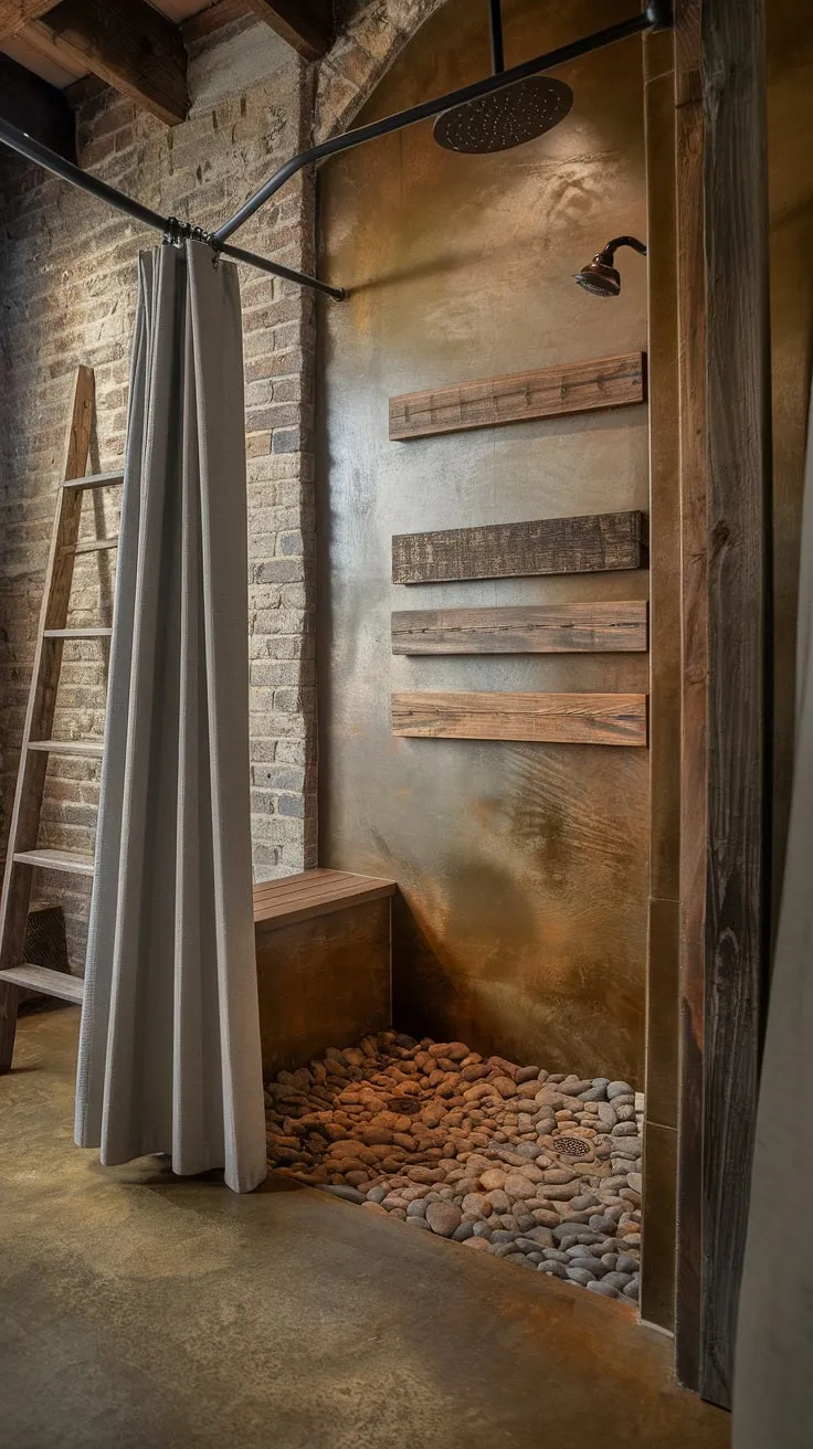 Indulge in the simple pleasures. A rustic shower, crafted with river rock, reclaimed wood, and exposed brick, invites you to reconnect with nature. A thoughtfully designed space, complete with a wooden bench for comfort and a charming ladder, this shower is a testament to the beauty of imperfection. A perfect blend of rugged charm and modern convenience.
