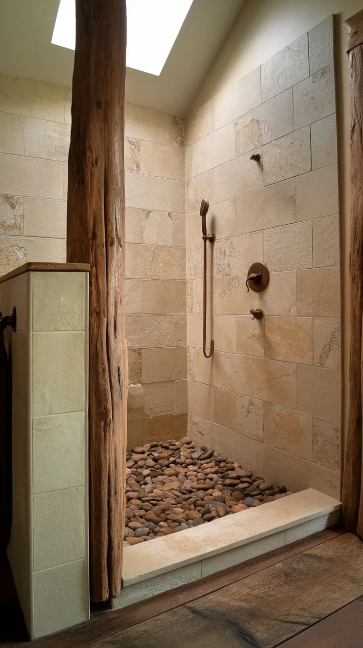 Find your calm in this rustic walk-in shower. The soothing beige tiles, river rock floor, and natural wood accents create a tranquil escape. A single wooden post subtly separates this haven from the rest of the bathroom, allowing light to flood in and nature to inspire.
