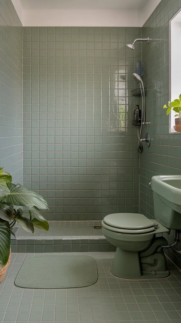 This bright sage green bathroom features stylish green tile decor, a white sink and toilet, and a cozy green rug, making it a perfect choice for a small bathroom redesign.