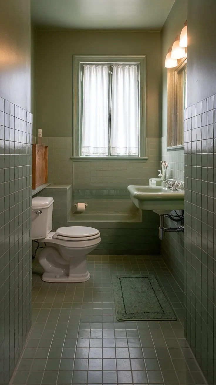 This bright sage green bathroom features a stylish green tile floor and walls, complemented by white fixtures and a cozy rug, making it an ideal choice for a small bathroom interior or a bathroom redesign.