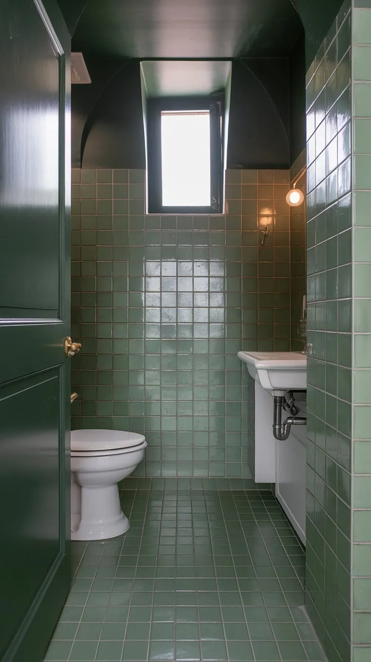 The combination of sage green and dark green elements in this bathroom, with its green tile decor and bright ambiance, creates an inviting atmosphere for any upstairs restroom.