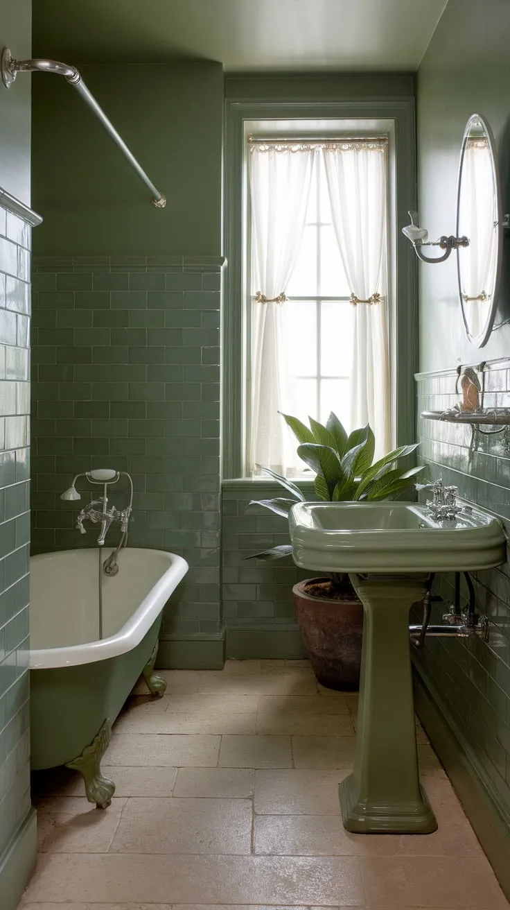 Featuring sage green tiles and a cozy ambiance, this small bathroom interior showcases the perfect blend of green bathroom decor and vintage charm.