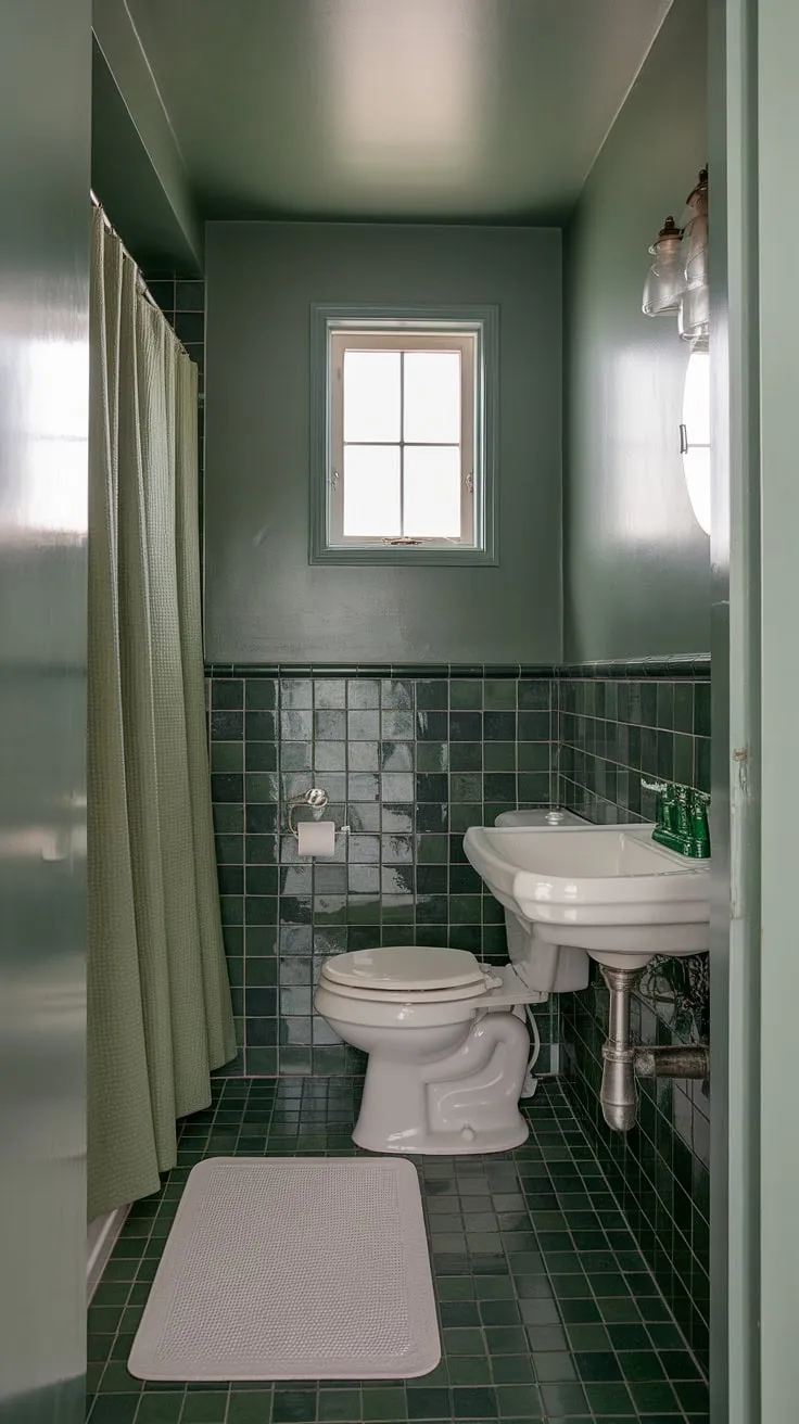 This small upstairs bathroom features a stylish sage green color scheme with dark green tiles, complemented by white fixtures and a green shower curtain for a fresh bathroom redesign.