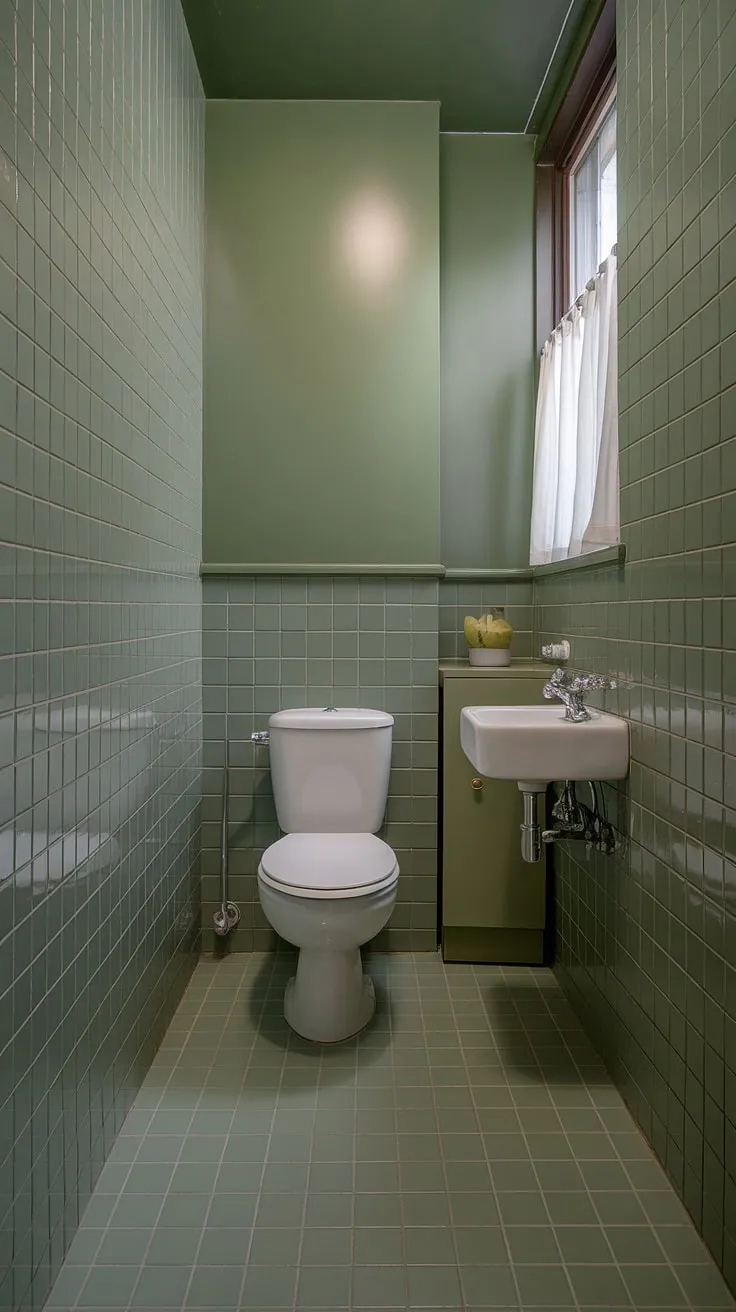 This small upstairs bathroom features a stylish sage green color scheme with green tile decor, bright lighting, and a chic accent wall, perfect for a bathroom redesign.