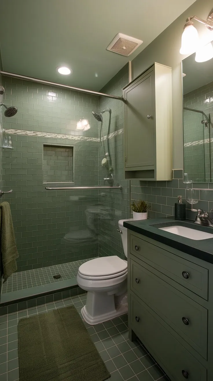 This small upstairs bathroom features a stunning sage green design with green tile decor, a dark green countertop, and bright lighting, making it a perfect example of modern restroom decor.
