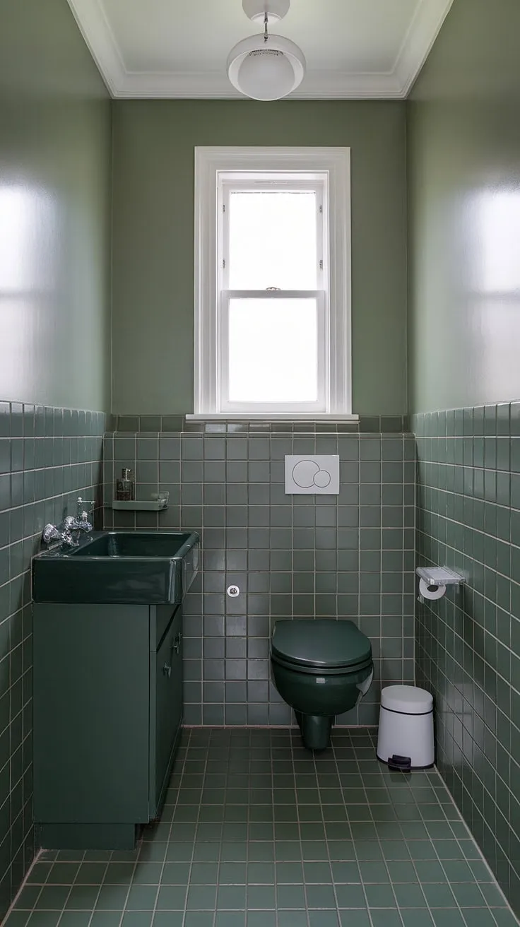 This small sage green bathroom features a harmonious blend of green tile decor, dark green fixtures, and a light-filled atmosphere, perfect for a stylish bathroom redesign.